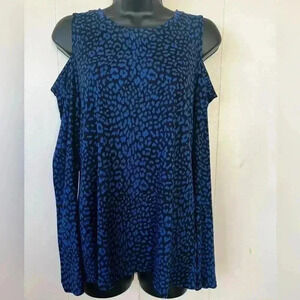 Michael Kors Peekaboo Shoulder Long Sleeve Womens Sz M Blue Leopard Print Top